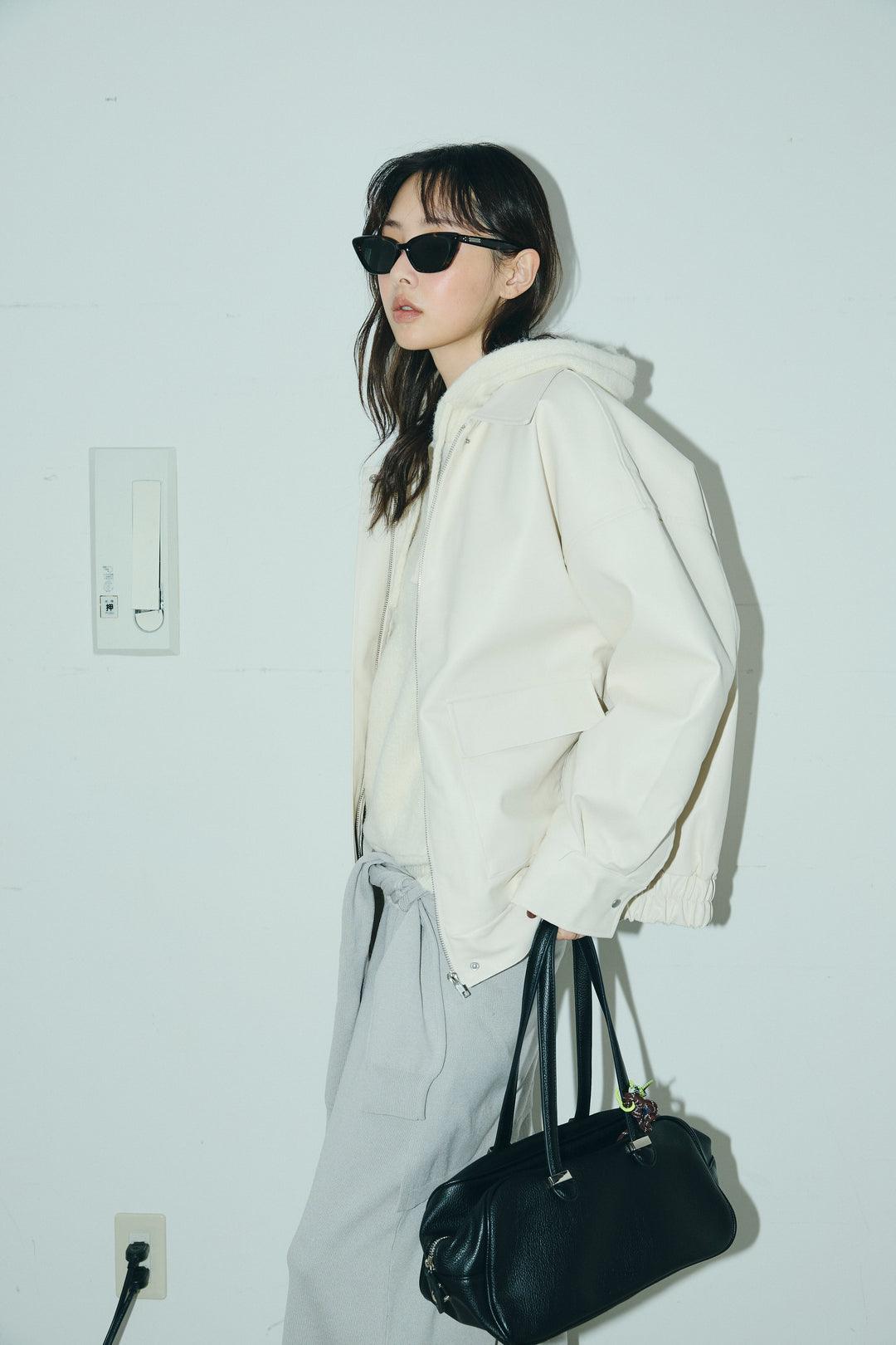 [予約/SET]フェイクレザーオーバーサイズブルゾン+ニットフーディ+ウエストラップニットスカート(3set)