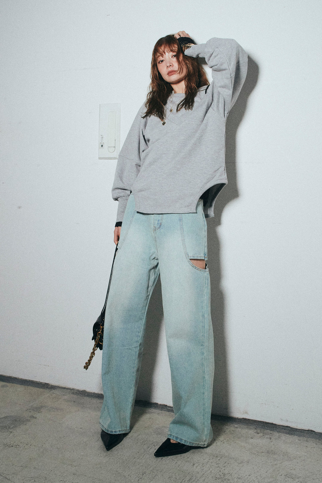 [予約/SET]カットアウトランタンスリーブスウェット+シアーレーストップス+スラッシュカットデニム(3set)