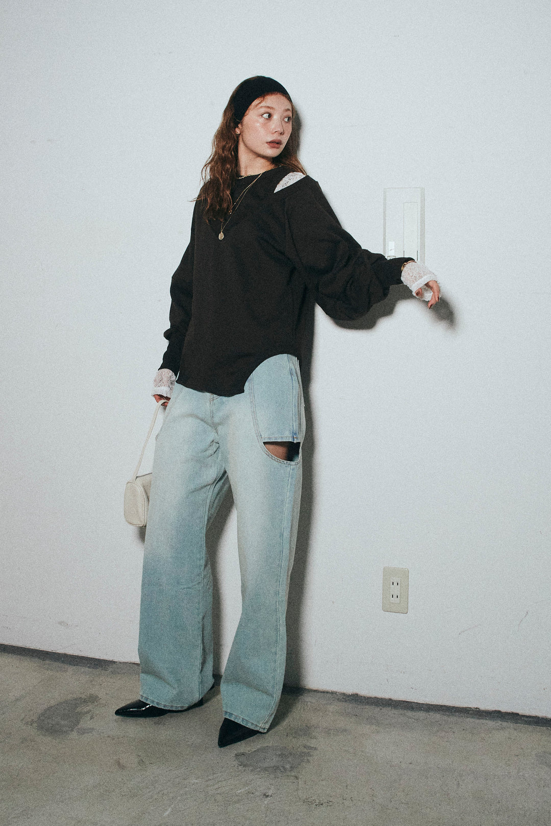 [予約/SET]カットアウトランタンスリーブスウェット+スラッシュカットデニム(2set)