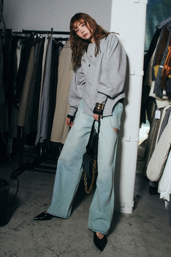 [予約/SET]カットアウトランタンスリーブスウェット+スラッシュカットデニム(2set)