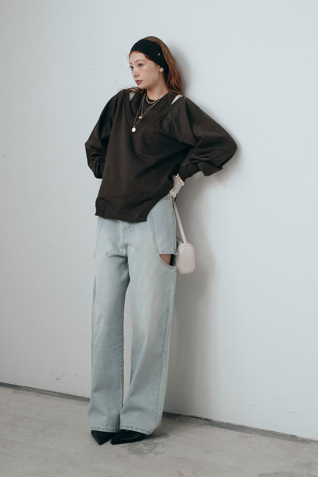 [予約/SET]カットアウトランタンスリーブスウェット+スラッシュカットデニム(2set)