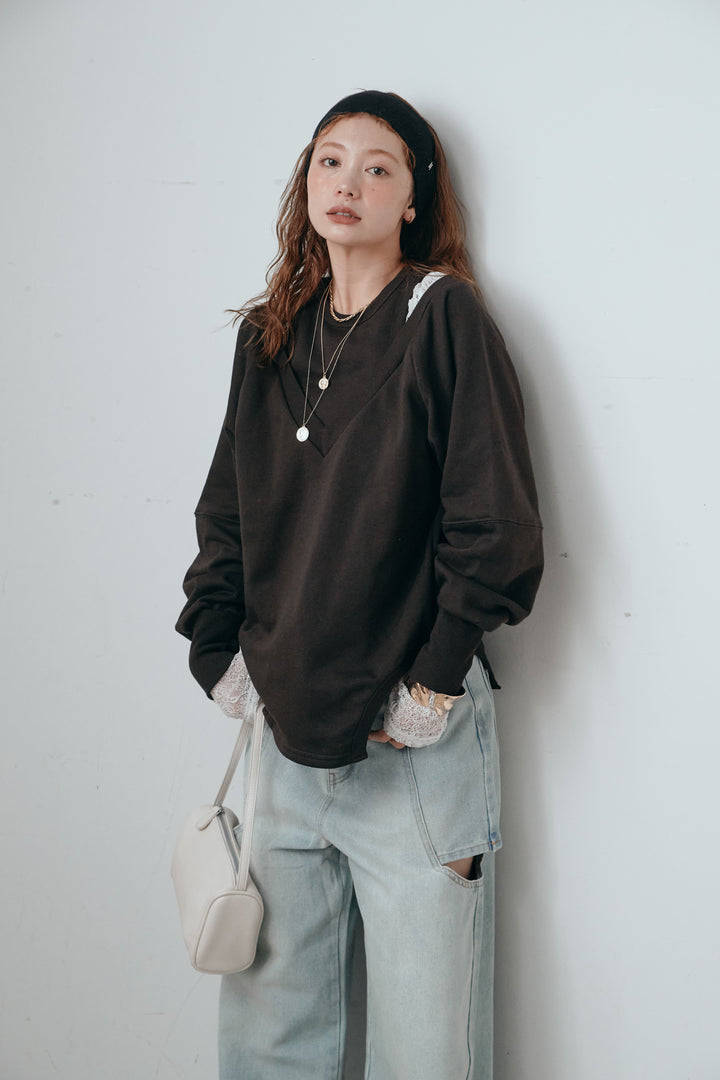 [予約/SET]カットアウトランタンスリーブスウェット+シアーレーストップス(2set)