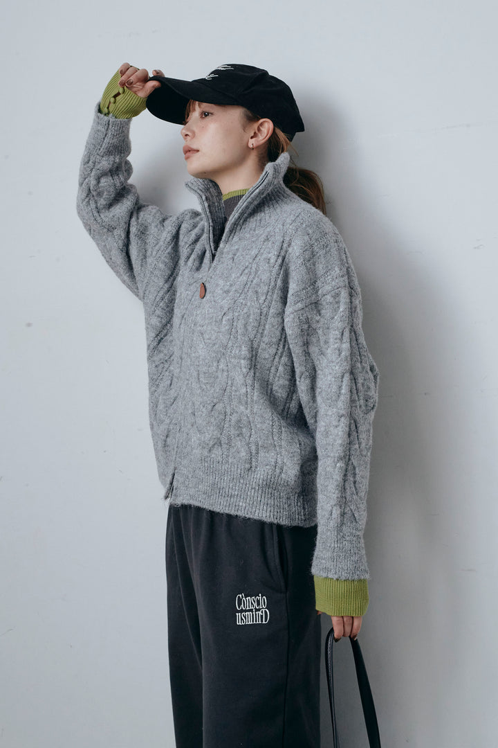 [予約/SET]ダブルジップケーブルハイネックPO+配色ミニハイネックリブTOPS+ロゴ刺繍ジョガー パンツ(3set)