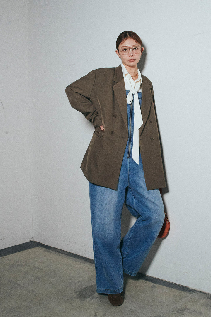 [予約/SET]ダブルプレーンジャケット+フロントジップストラップデザインデニムサロペット(2set)