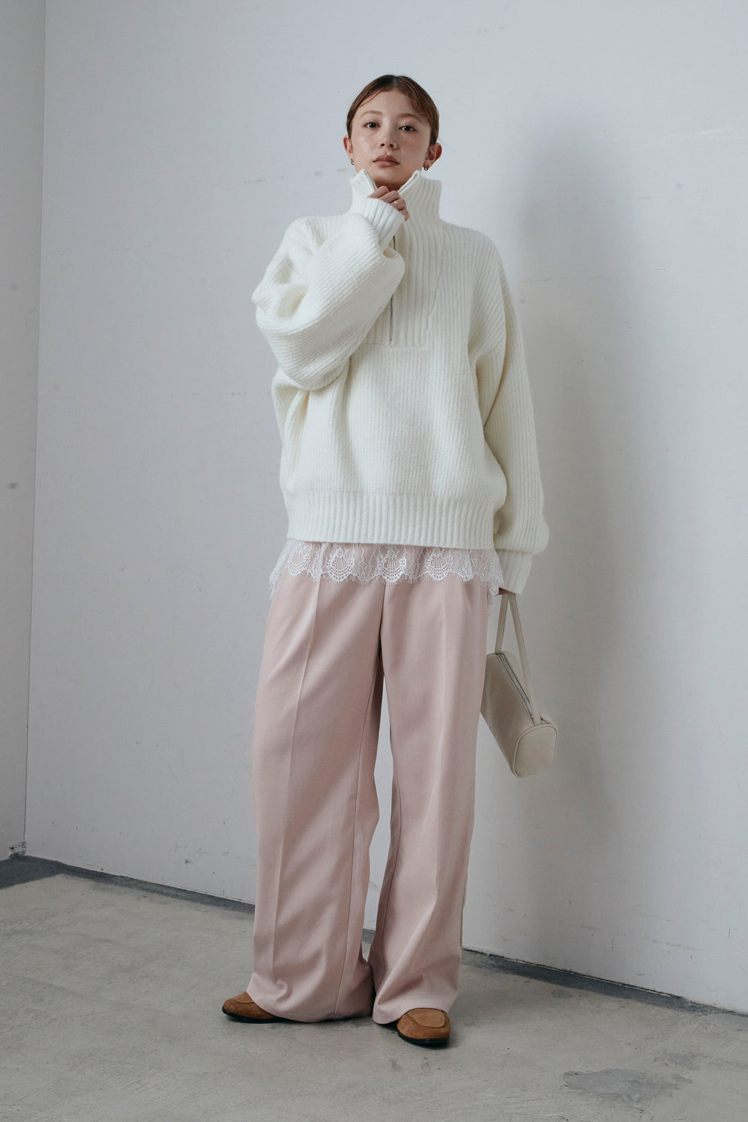 [予約/SET]ハーフジップハイネックニット+レースコンビカットソー+TRツイルスプリングカラータックパンツ(3set)