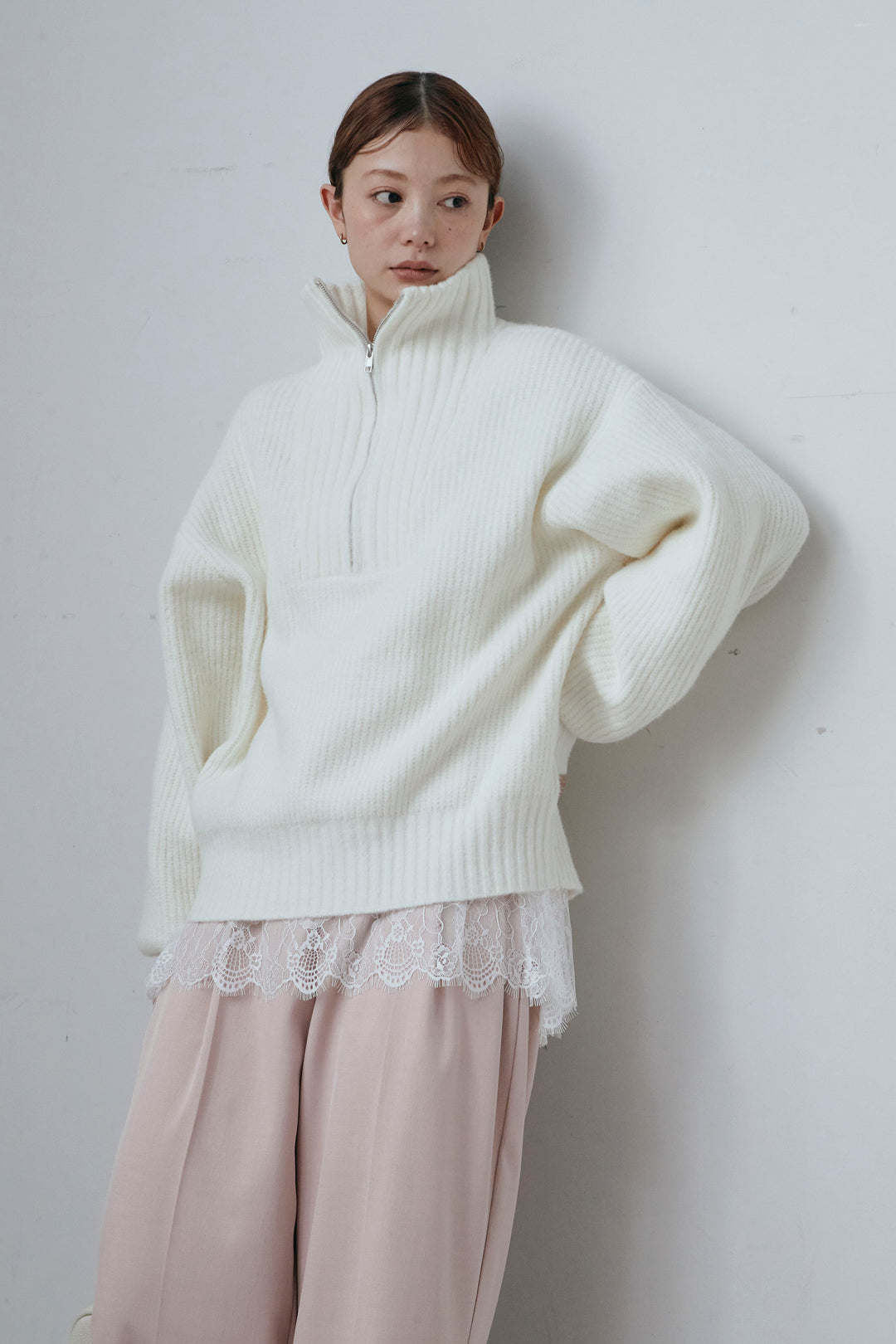 [予約/SET]ハーフジップハイネックニット+レースコンビカットソー+TRツイルスプリングカラータックパンツ(3set)