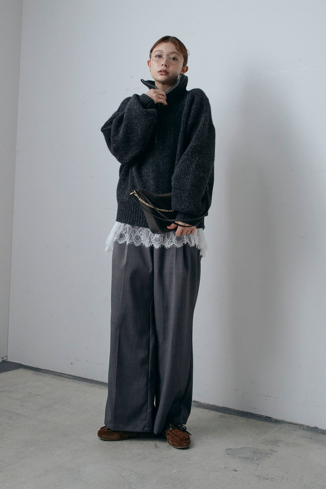 [予約/SET]ハーフジップハイネックニット+レースコンビカットソー+TRツイルスプリングカラータックパンツ(3set)