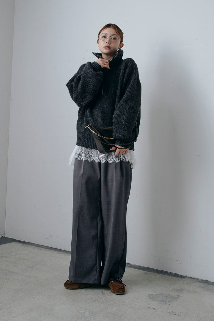 [予約/SET]ハーフジップハイネックニット+レースコンビカットソー+TRツイルスプリングカラータックパンツ(3set)
