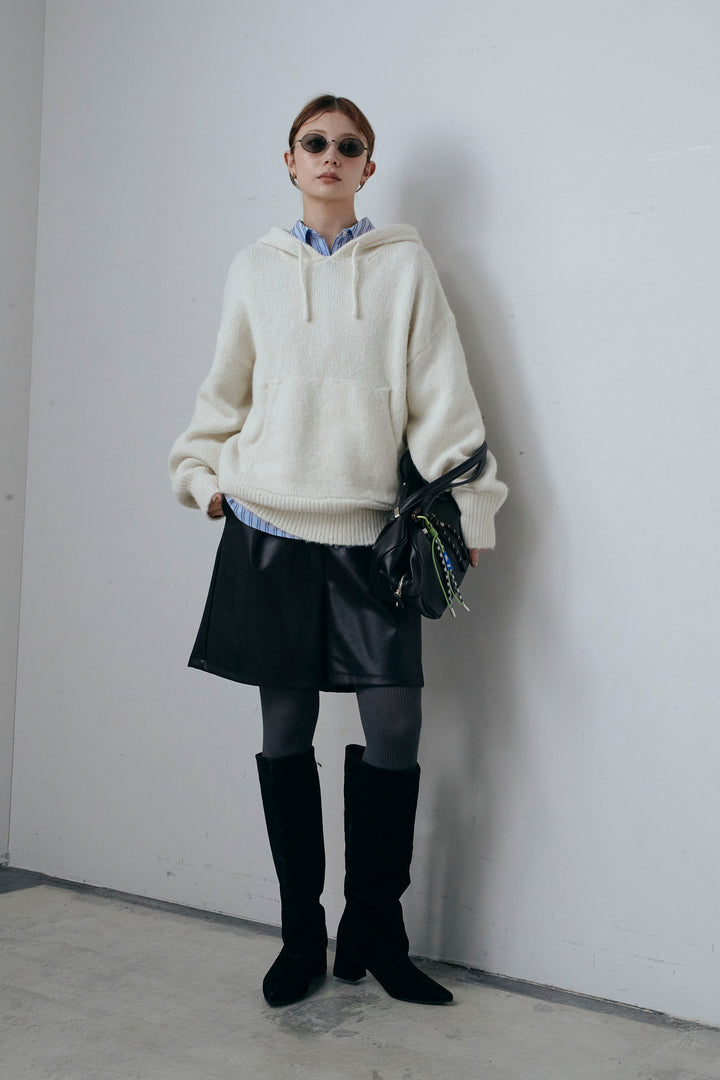 [予約/SET]ニットフーディ+カラーストライプ2WAYウエストシェイプシャツ+ストレッチフェイクレザーハーフパンツ(3set)
