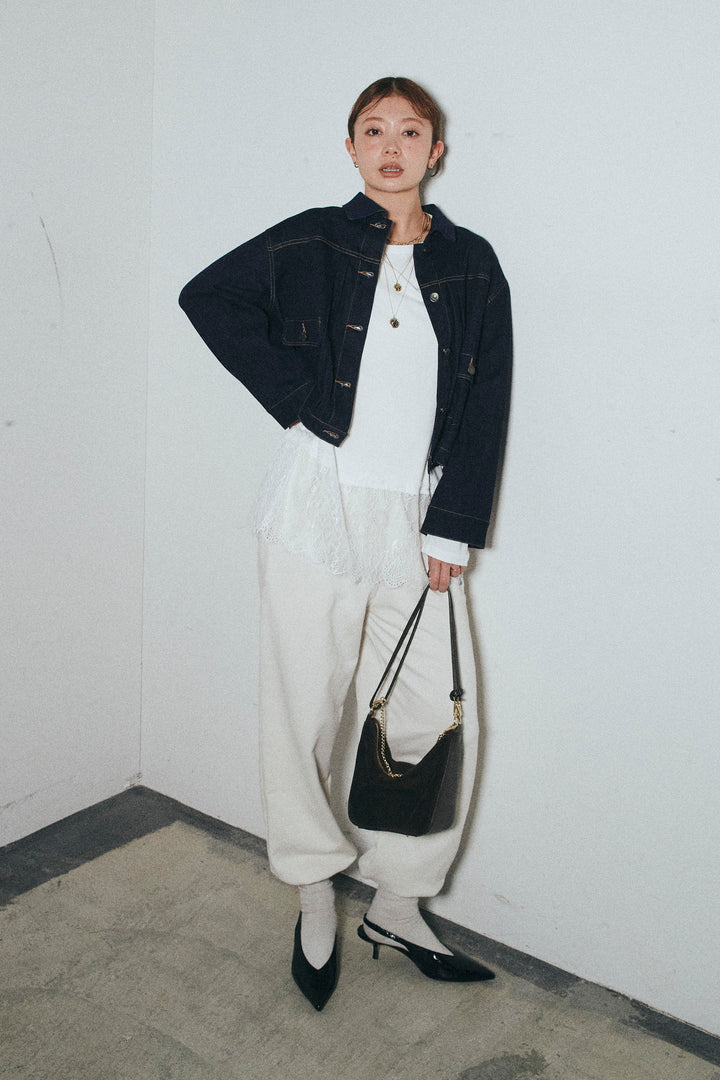 [予約/SET]バックプリーツデニムJK+レースコンビカットソー+ロゴ刺繍ジョガー パンツ(3set)