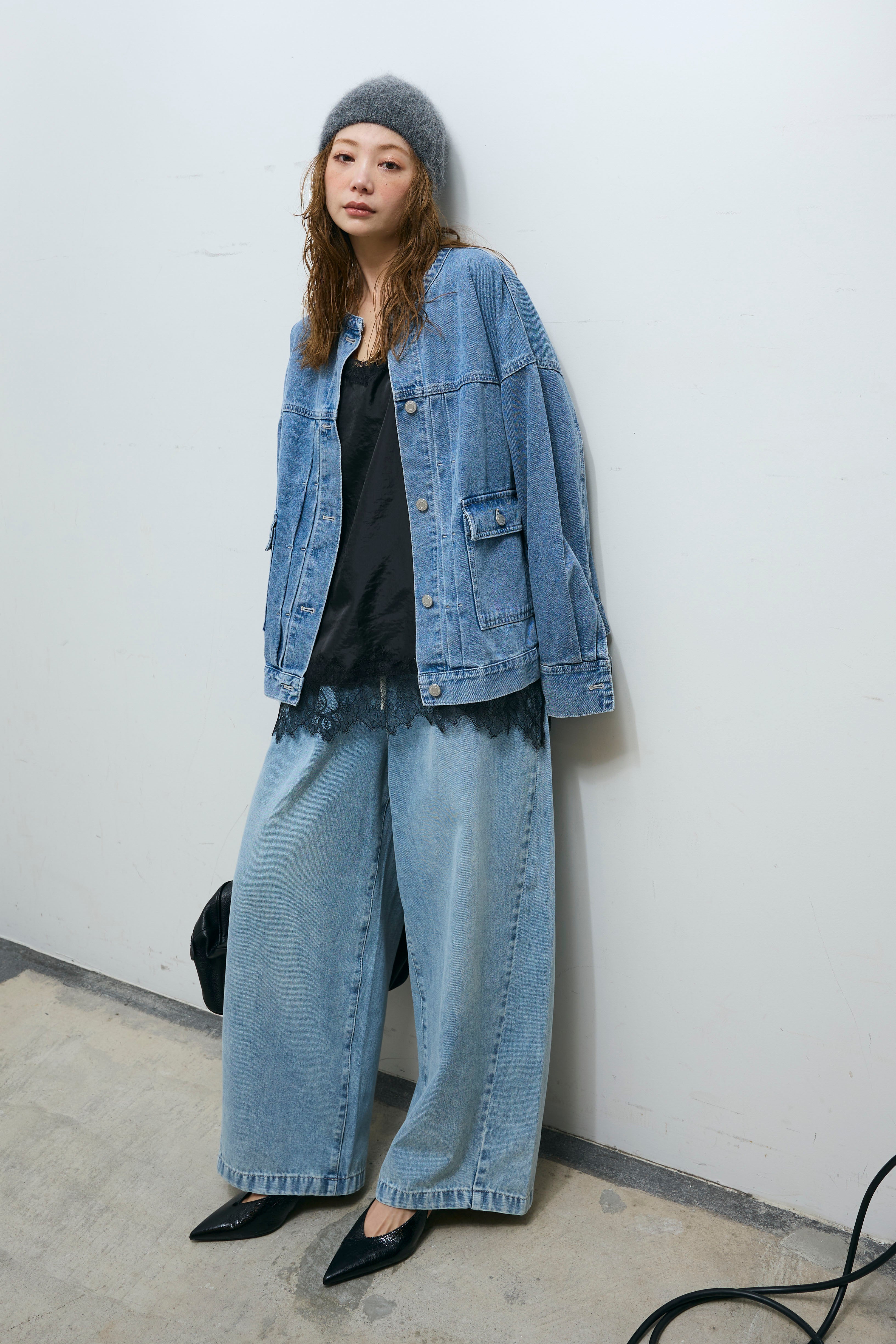 予約/SET]オーバーサイズノーカラーデニムJK+サテンレースキャミソール