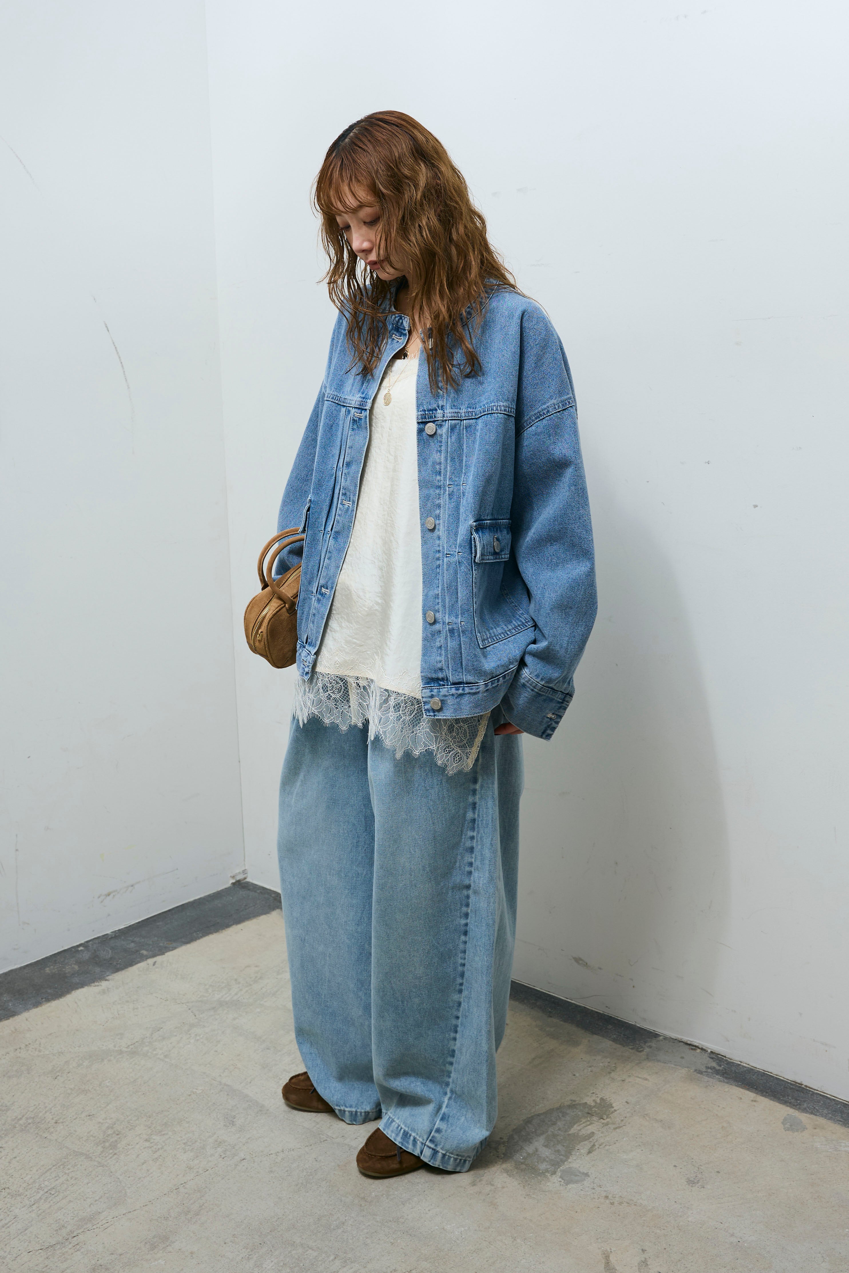 予約/SET]オーバーサイズノーカラーデニムJK+サテンレースキャミソール