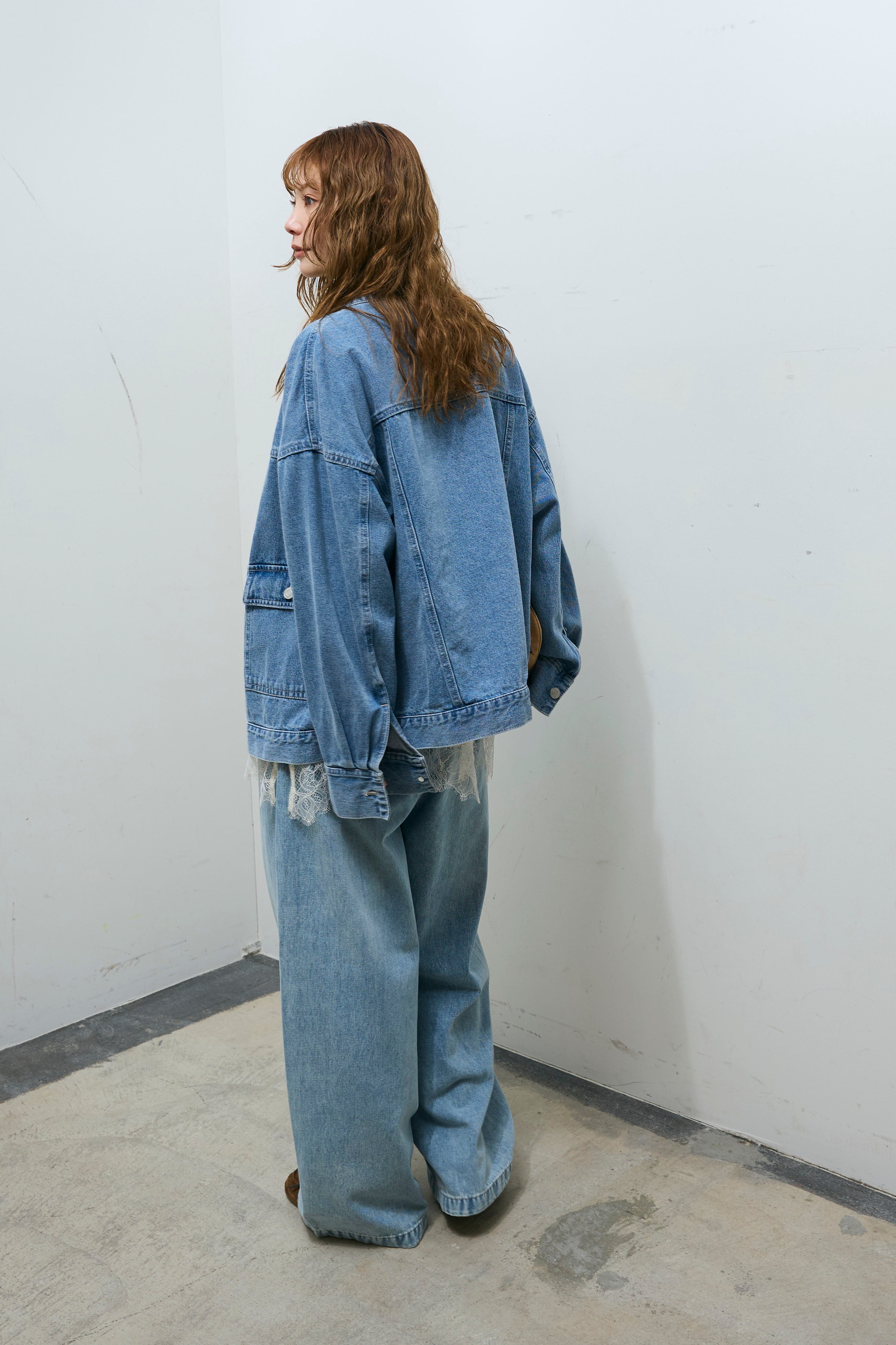 予約/SET]オーバーサイズノーカラーデニムJK+サテンレースキャミソール