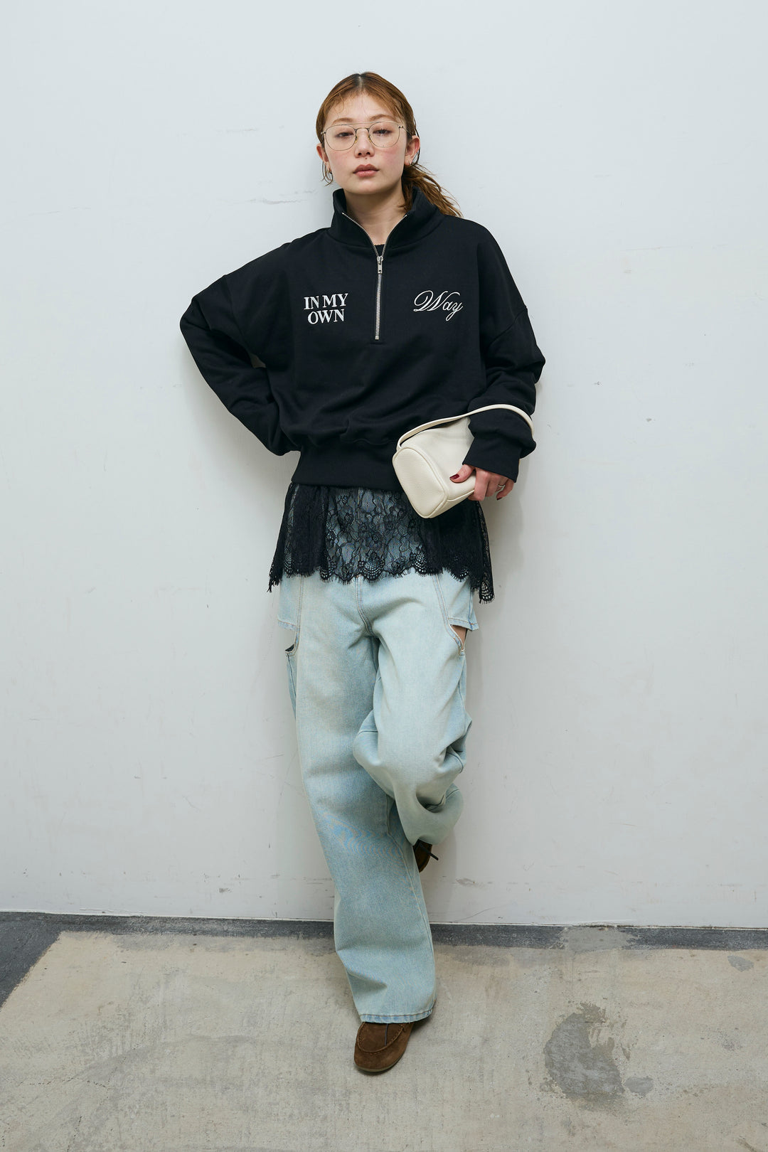 [予約/SET]ロゴ刺繍ハーフZIPスウェット+レースコンビカットソー(2set)