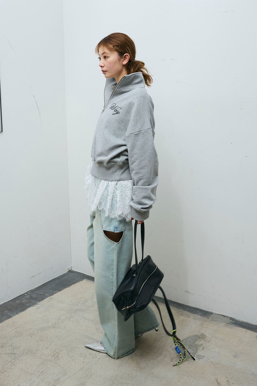 [予約/SET]ロゴ刺繍ハーフZIPスウェット+レースコンビカットソー+スラッシュカットデニム(3set)