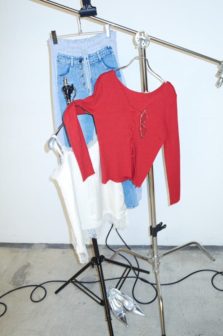 [予約/SET]レースアップ2wayリブニット+サテンレースキャミソール(2set)