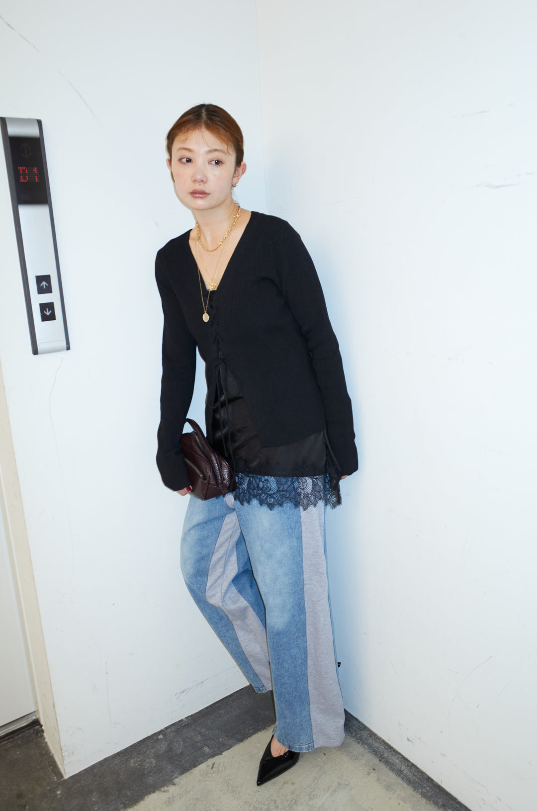 [予約/SET]レースアップ2wayリブニット+サテンレースキャミソール(2set)