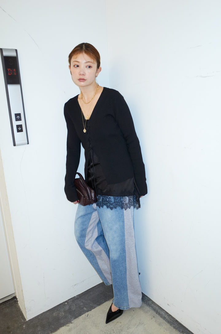 [予約/SET]レースアップ2wayリブニット+サテンレースキャミソール(2set)