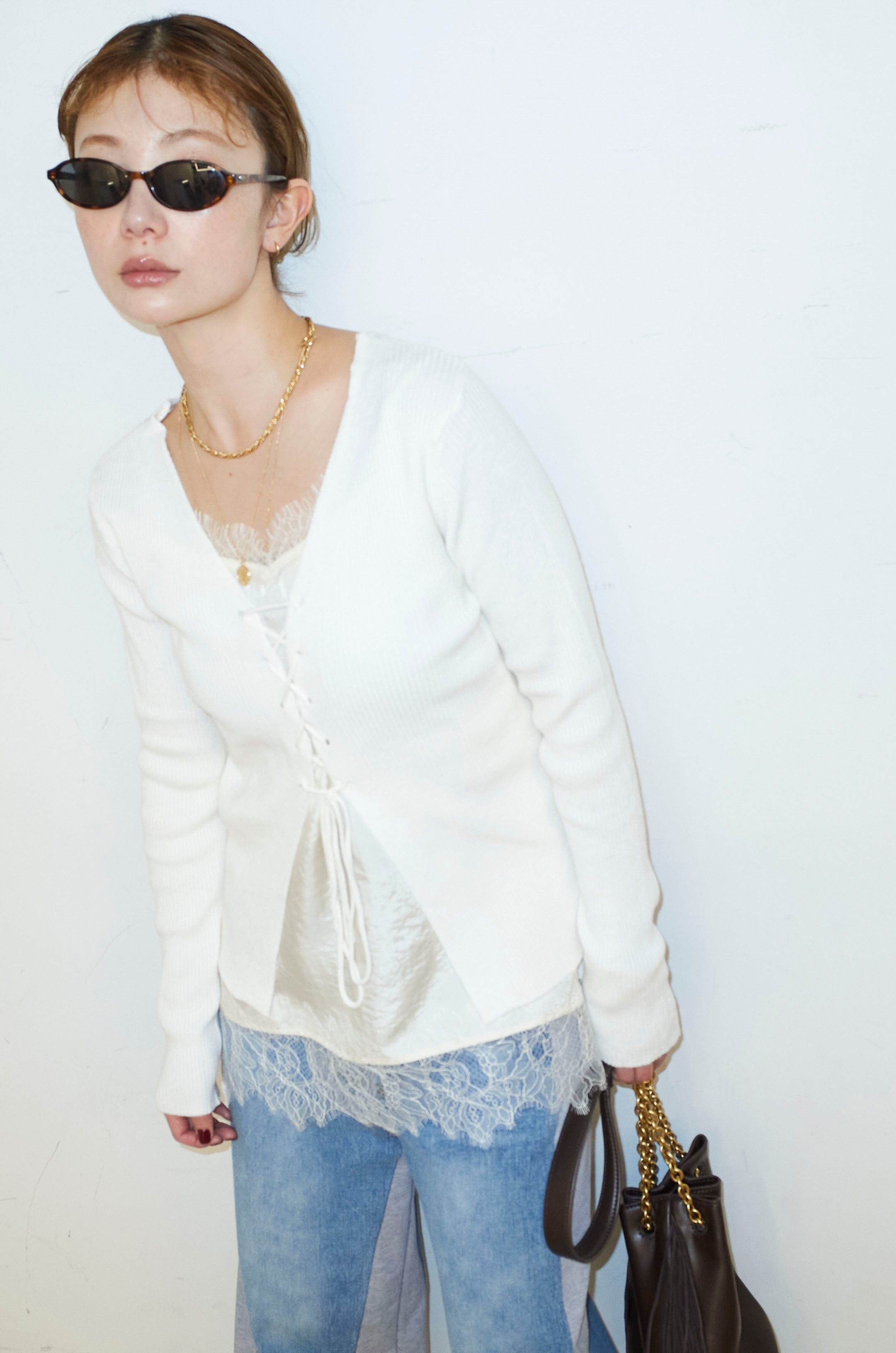 予約/SET]レースアップ2wayリブニット+スウェット切り替えデニムパンツ