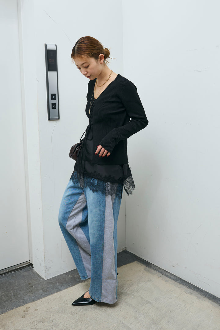 [予約/SET]レースアップ2wayリブニット+サテンレースキャミソール(2set)