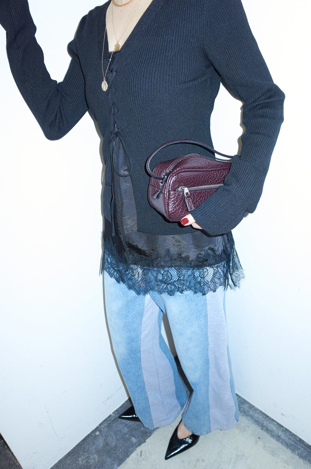 [予約/SET]レースアップ2wayリブニット+サテンレースキャミソール(2set)