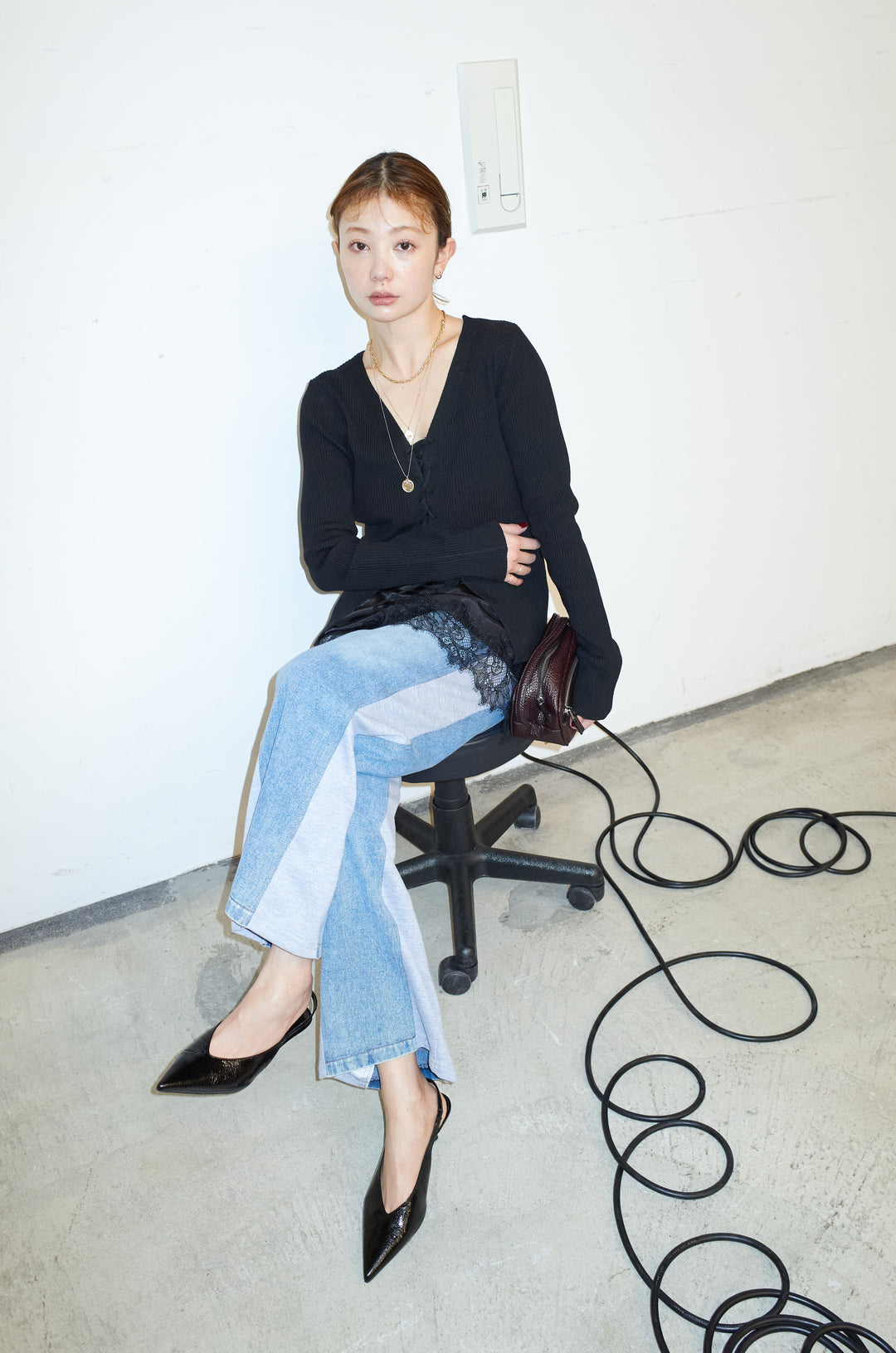 [予約/SET]レースアップ2wayリブニット+サテンレースキャミソール(2set)