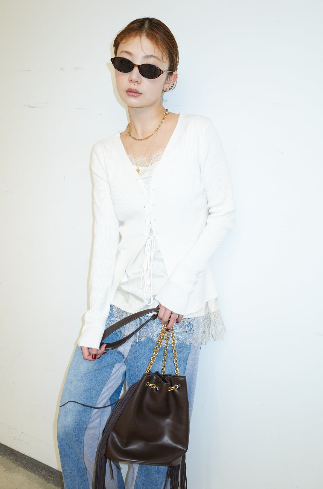 [予約/SET]レースアップ2wayリブニット+サテンレースキャミソール(2set)