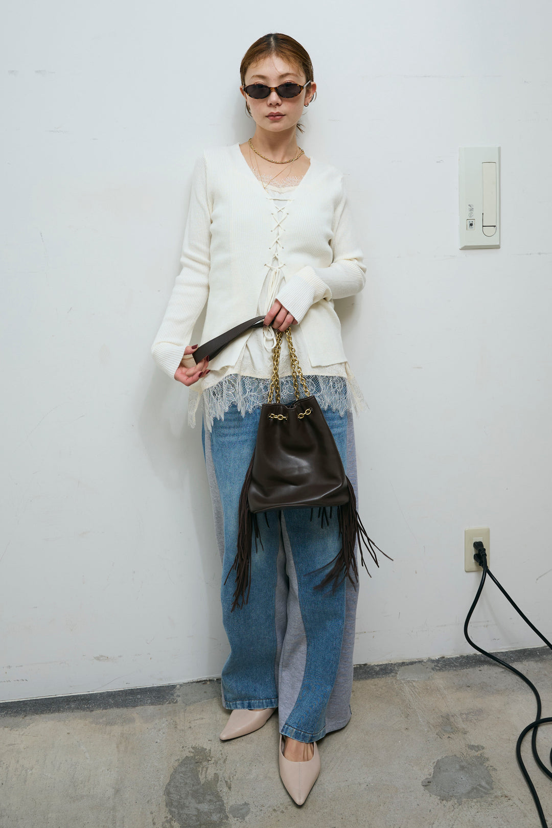 [予約/SET]レースアップ2wayリブニット+サテンレースキャミソール(2set)