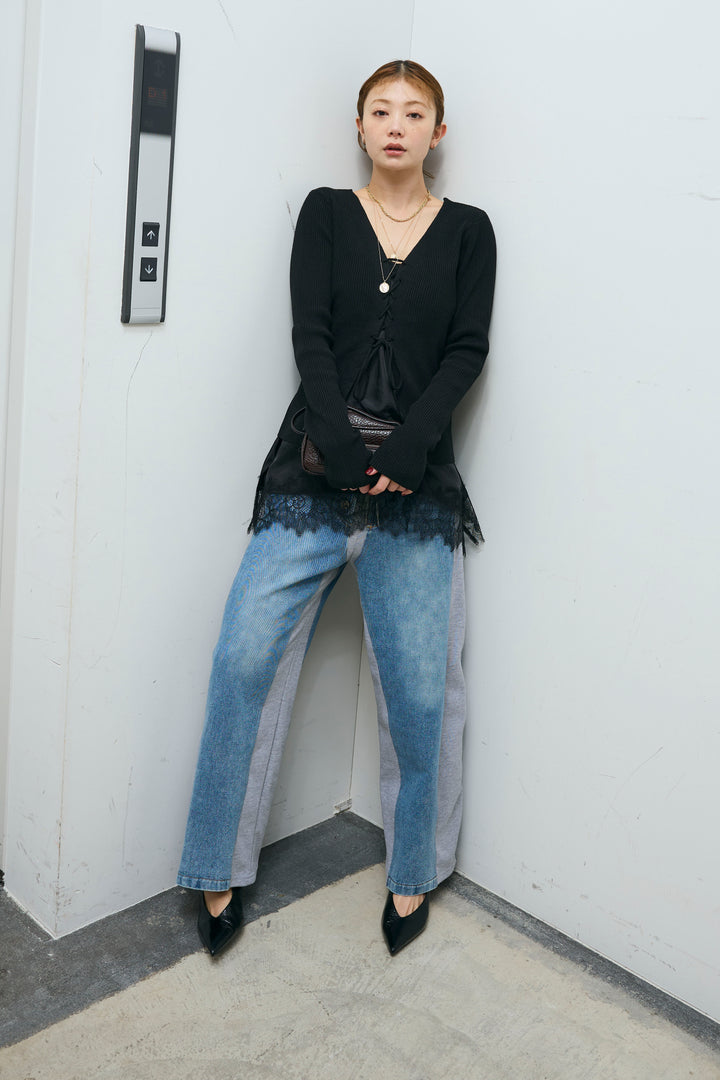 [予約/SET]レースアップ2wayリブニット+サテンレースキャミソール(2set)