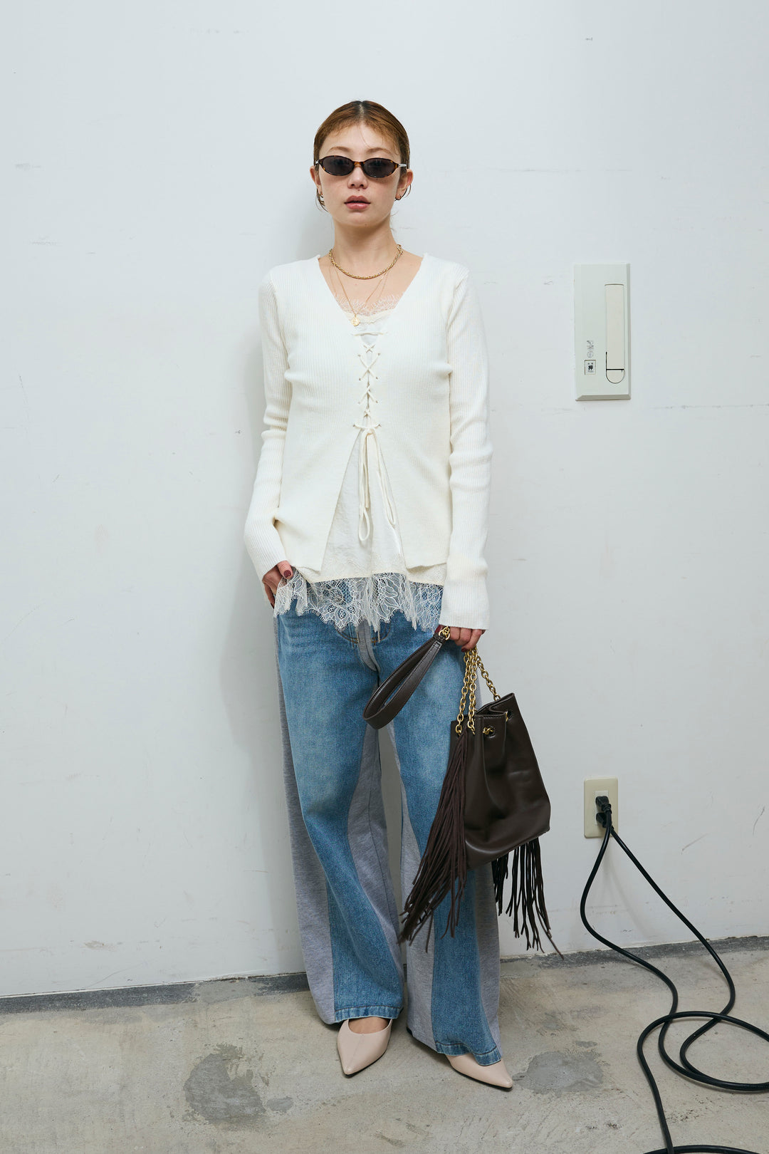 [予約/SET]レースアップ2wayリブニット+サテンレースキャミソール(2set)