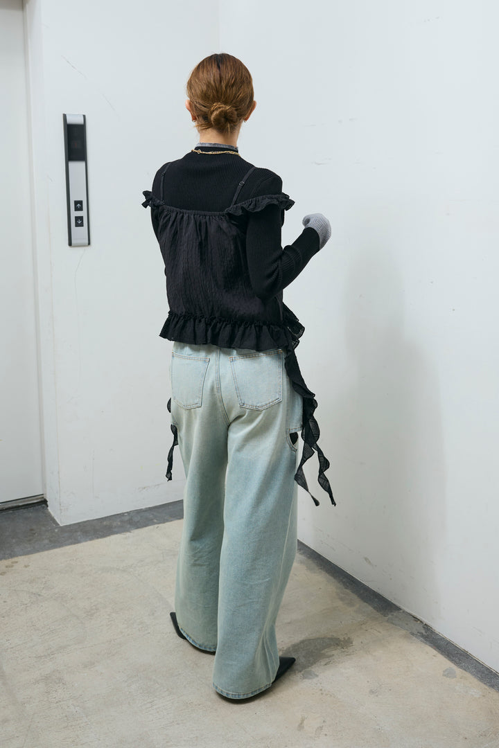 [予約/SET]配色ミニハイネックリブTOPS+ラッフルフリルキャミソール+スラッシュカットデニム(3set)