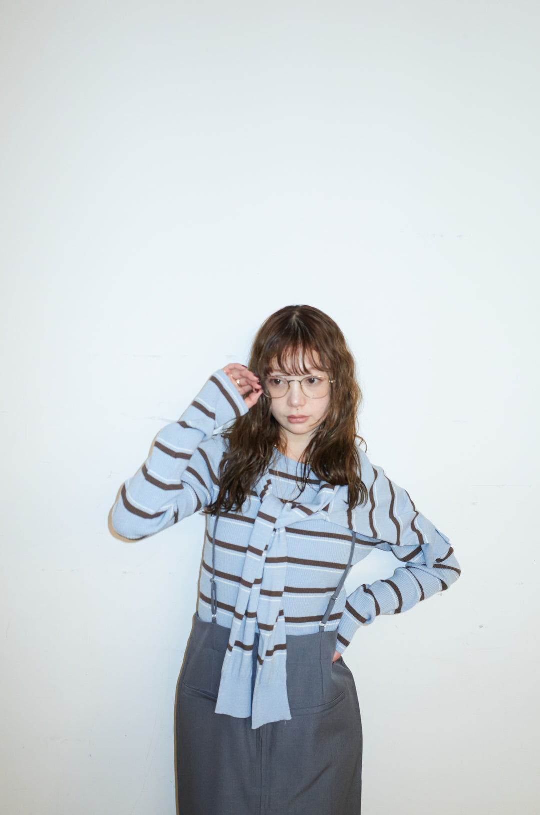 [予約/SET]レーヨンナイロンボーダーカーディガン+レーヨンナイロンボーダークルーネックプルオーバー+2wayサス付きタイトスカート(3set)