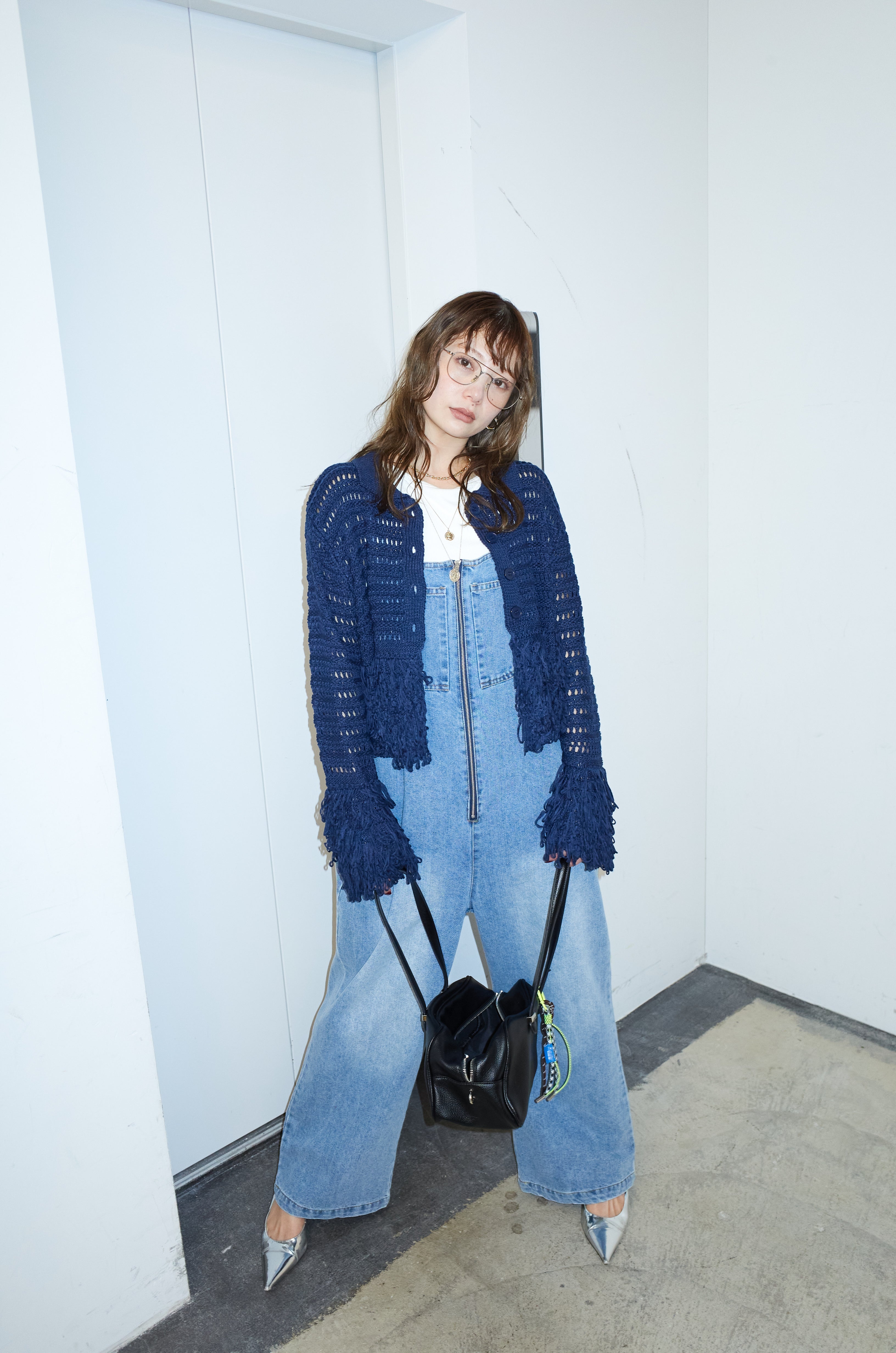 予約/SET]ループフリンジ襟付きカーディガン+フロントジップストラップ