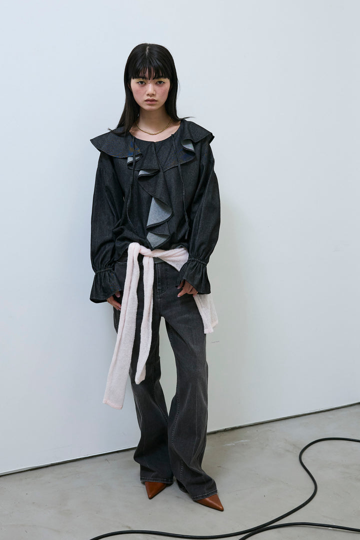 [予約/SET]ラッフルフリルデニムブラウス+センタープレスストレッチセミフレアデニムパンツ(2set)
