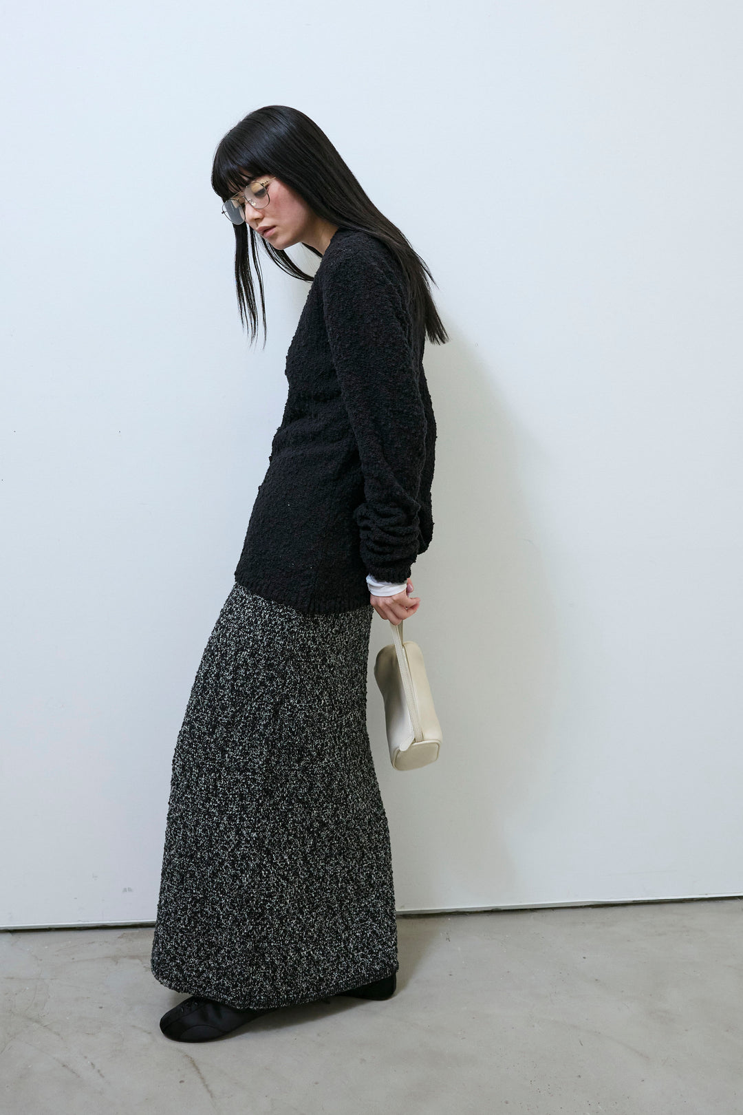 [予約/SET]ツイード風MIXスラブポロカーデ+ツィード風MIXスラブスカート(2set)
