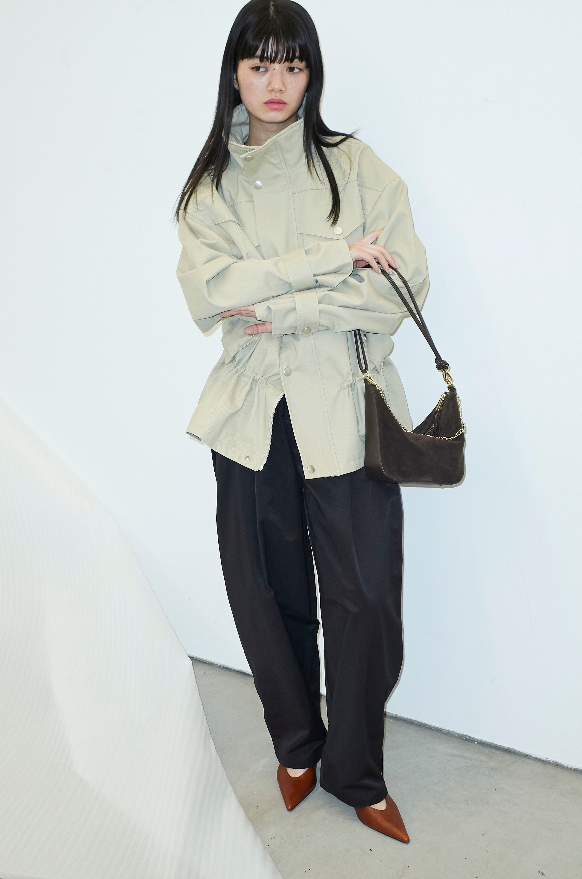 予約/SET]ワイドカラードローストリングブルゾン+パイピングタック