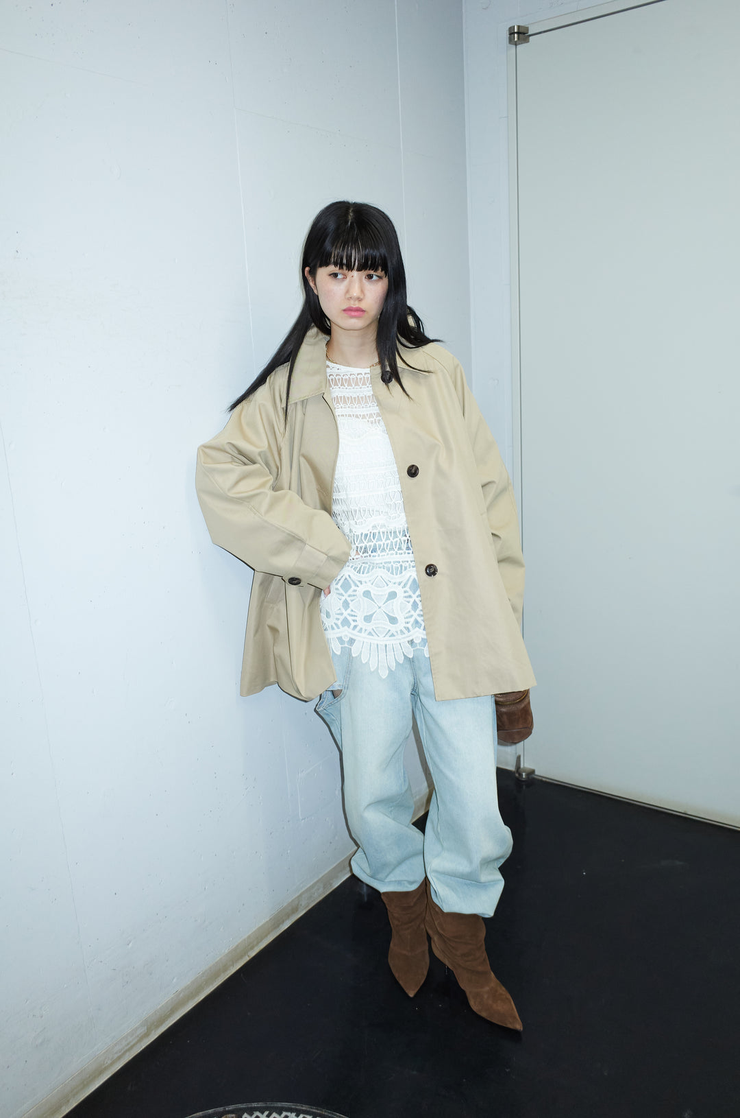 [予約/SET]TRツイルAラインショートトレンチ+スラッシュカットデニム(2set)