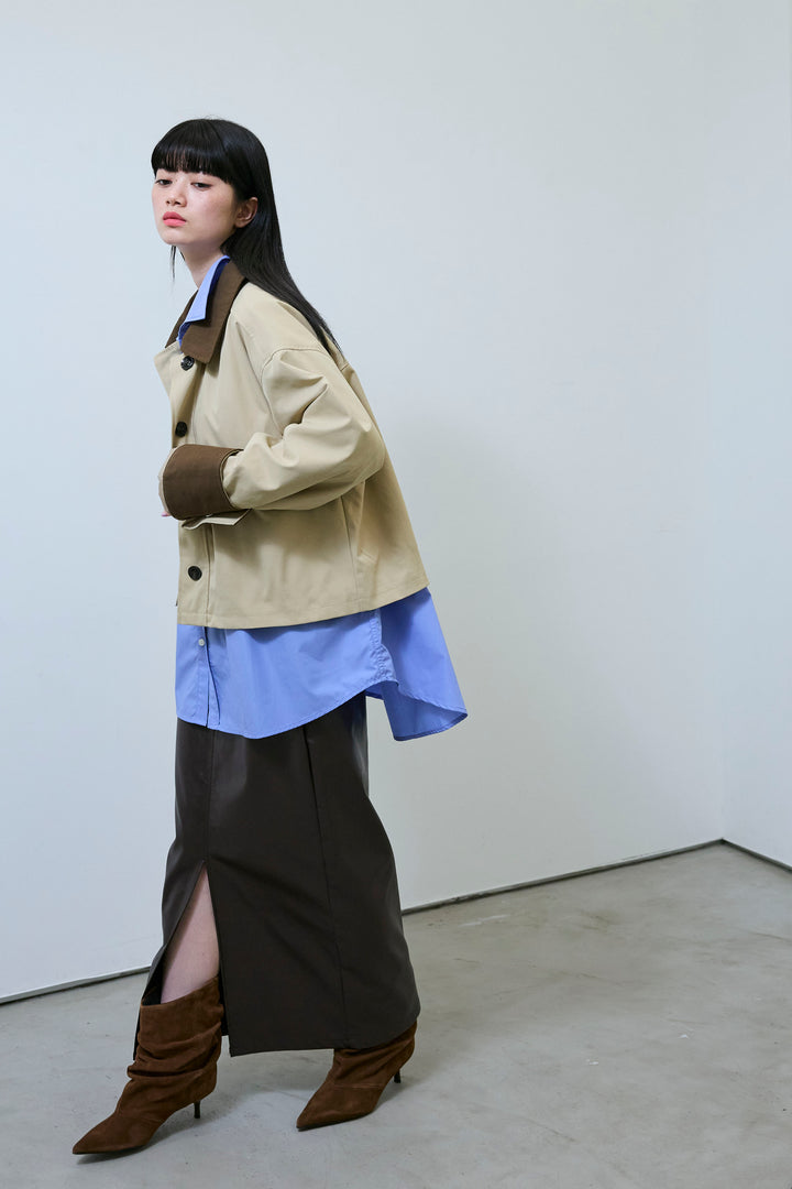 [予約/SET]襟配色カバーオール+エコレザーバックスリットペンシルスカート(2set)