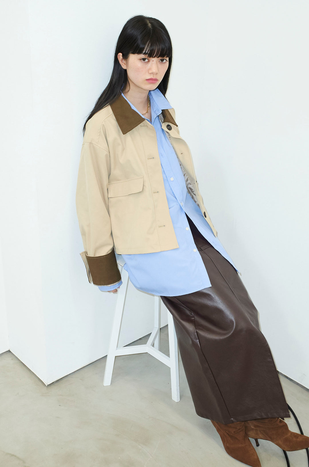 [予約/SET]襟配色カバーオール+エコレザーバックスリットペンシルスカート(2set)