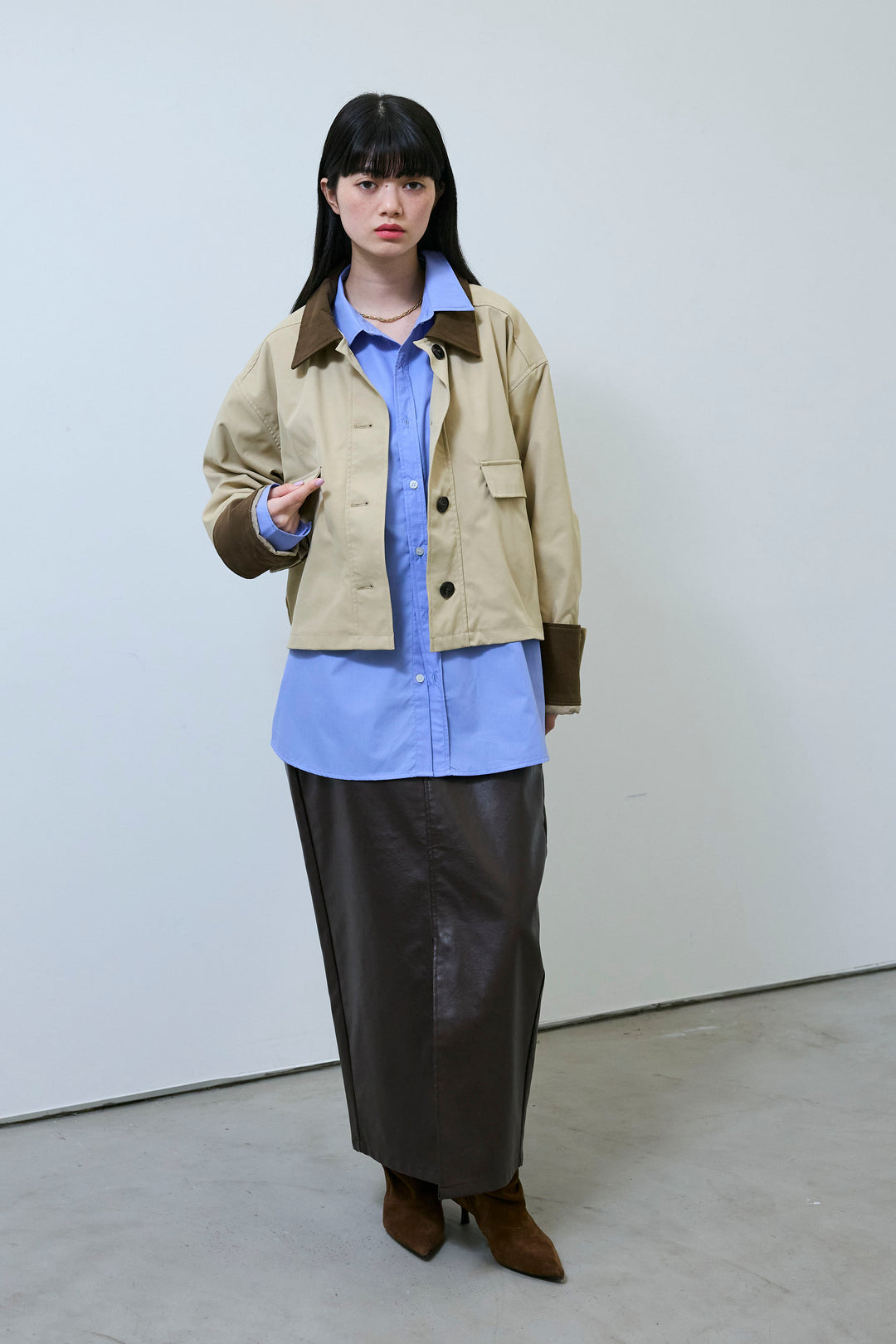 [予約/SET]襟配色カバーオール+エコレザーバックスリットペンシルスカート(2set)