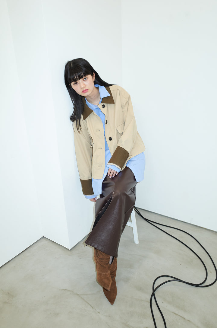 [予約/SET]襟配色カバーオール+エコレザーバックスリットペンシルスカート(2set)