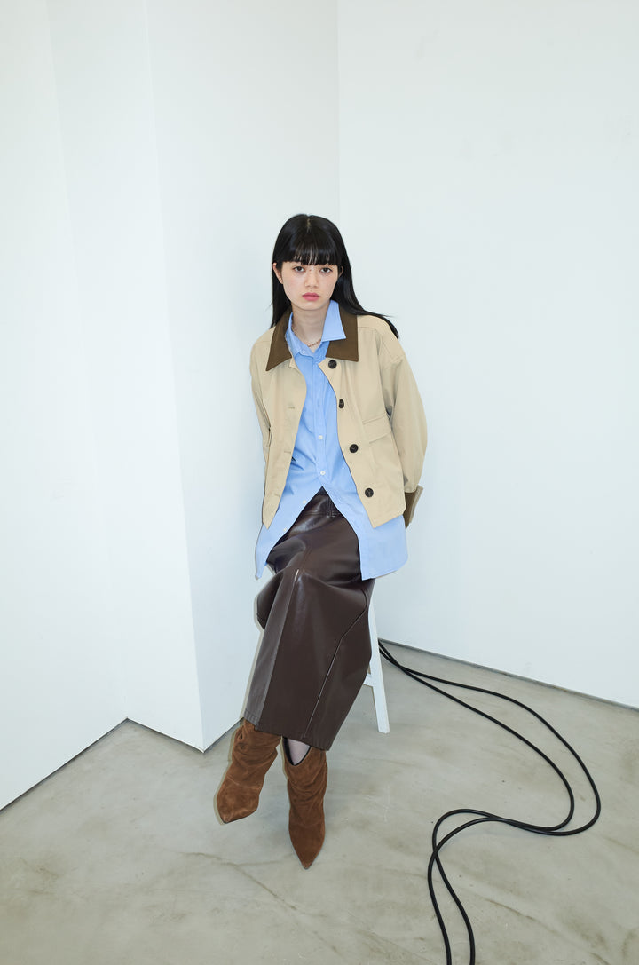 [予約/SET]襟配色カバーオール+エコレザーバックスリットペンシルスカート(2set)