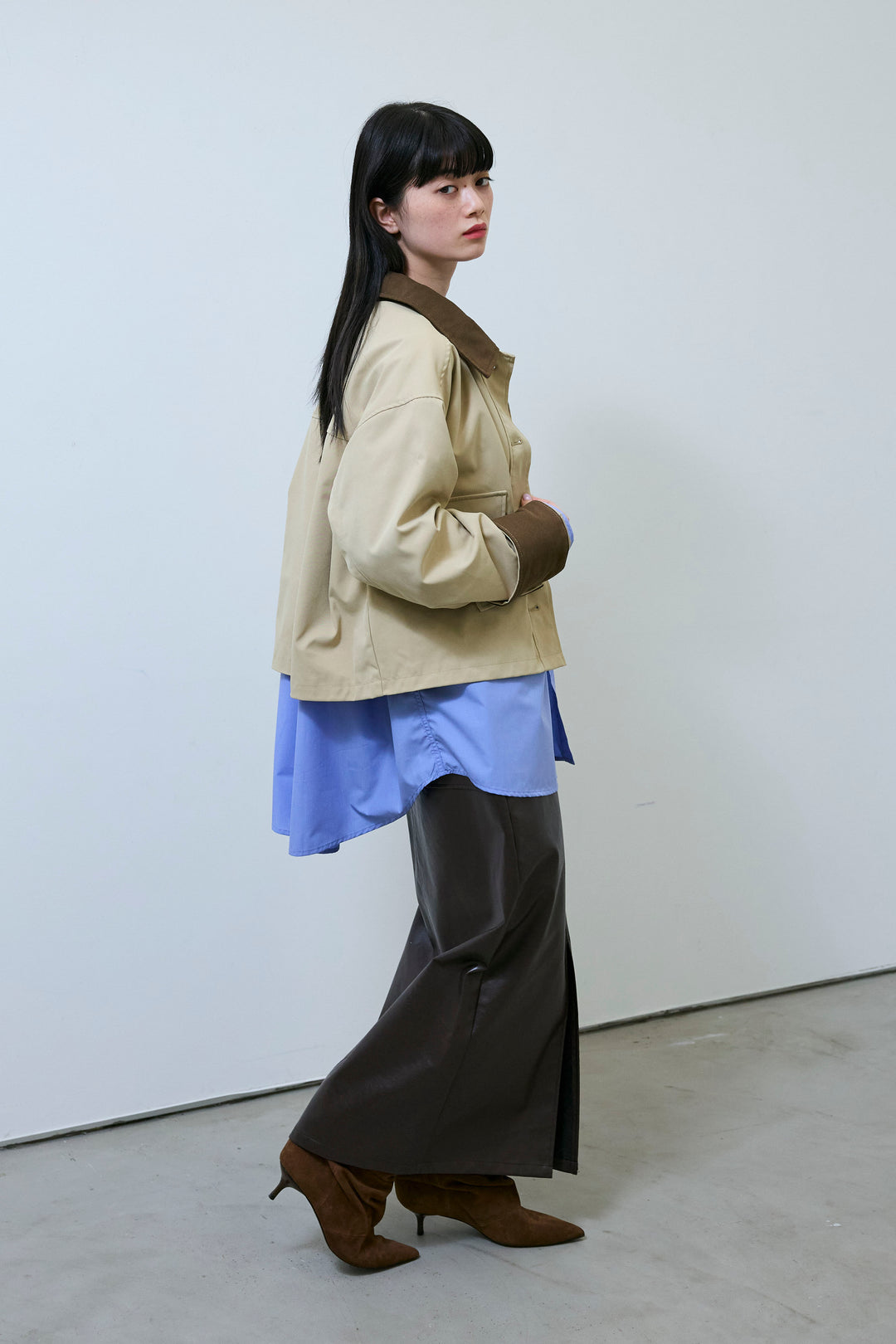 [予約/SET]襟配色カバーオール+エコレザーバックスリットペンシルスカート(2set)