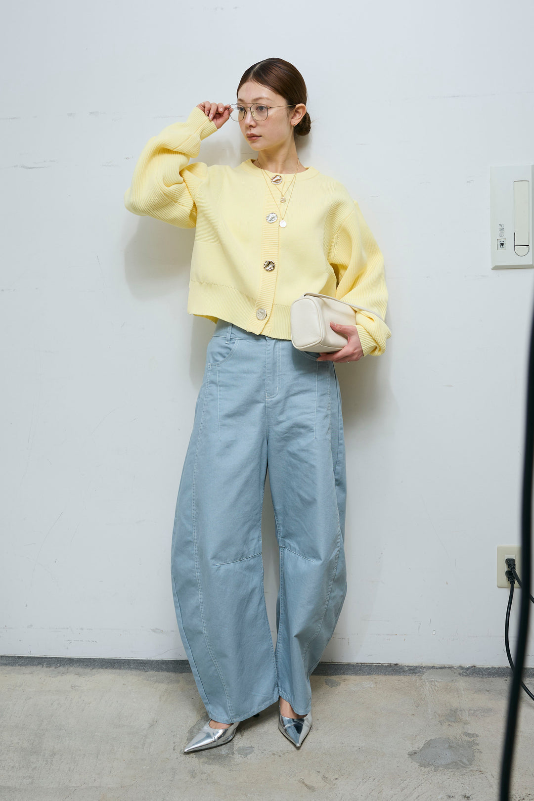 [予約/SET]BIGボタンクルーネック カーディガン+配色ステッチバレルレッグパンツ(2set)