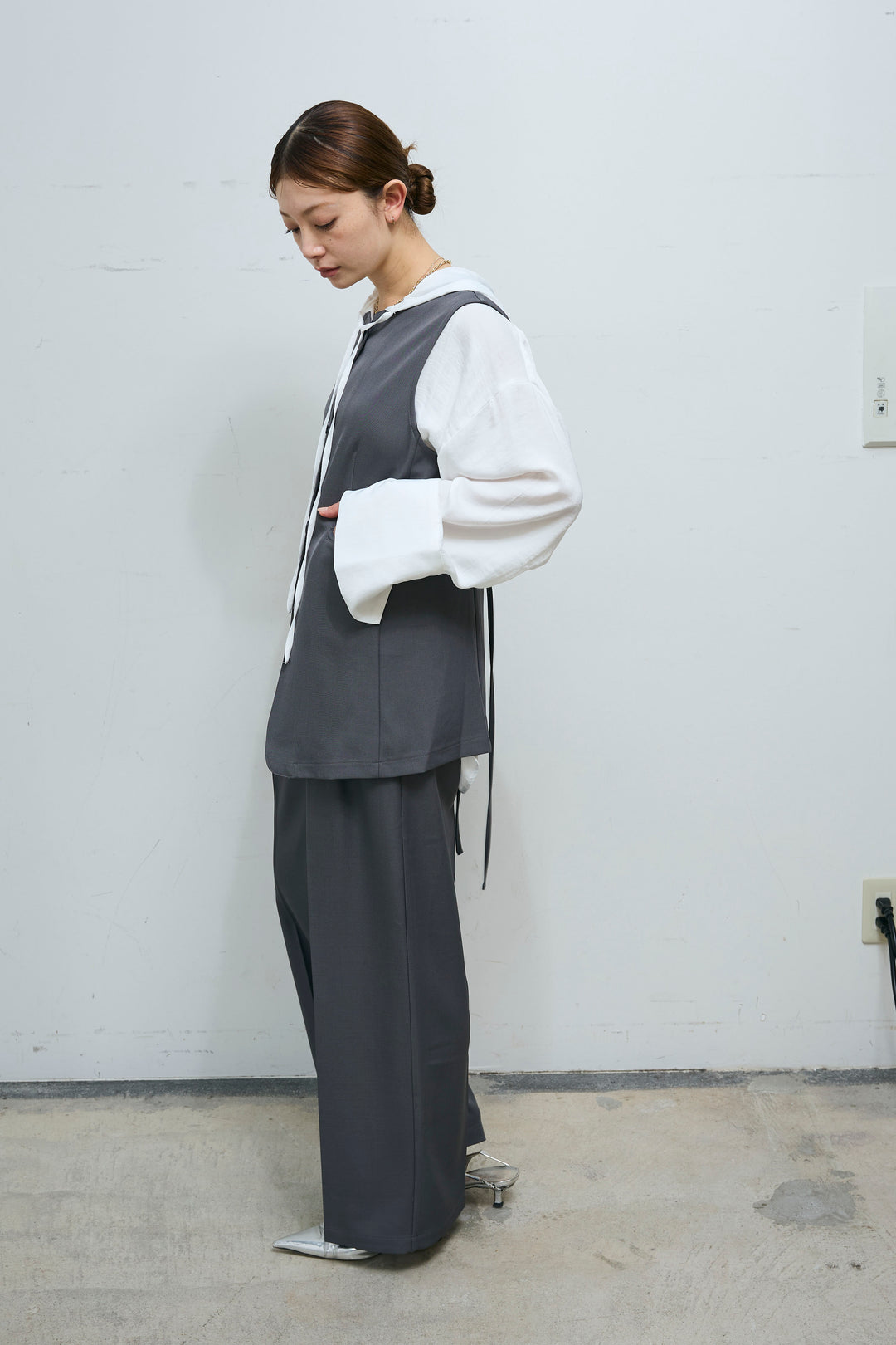 [予約/SET]ウェーブジレ+リボン付きストレートパンツ(2set)