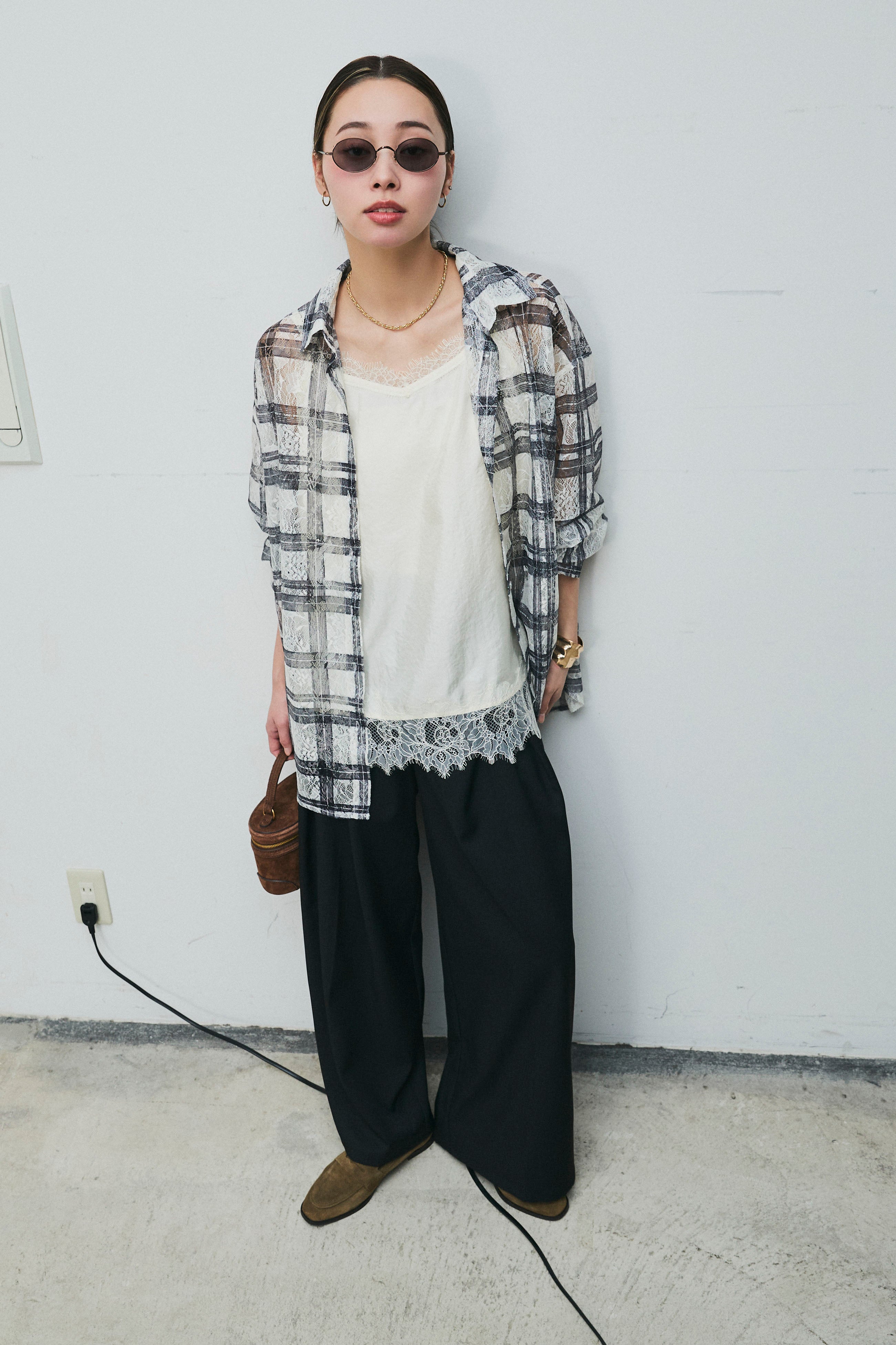 予約/SET]チェックプリントシアーレースブラウス+サテンレース