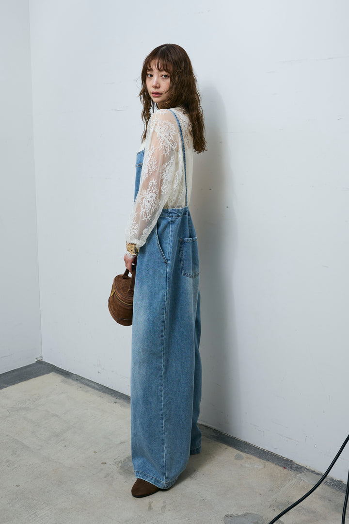 [予約/SET]シアーレースブラウス+フロントジップストラップデザインデニムサロペット(2set)