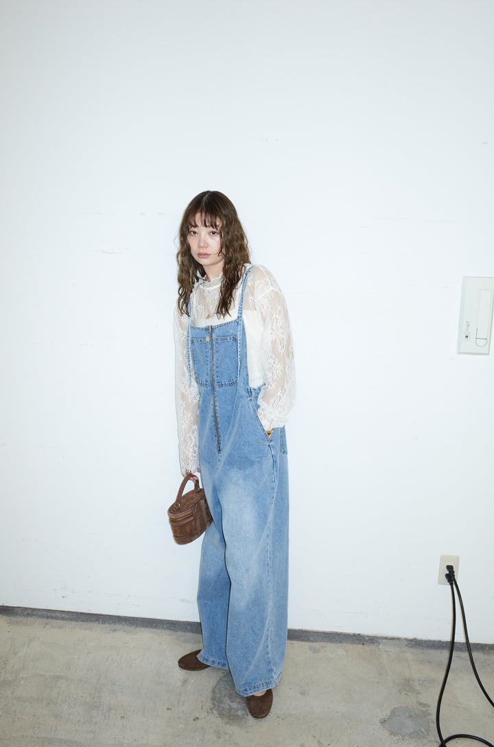 [予約/SET]シアーレースブラウス+フロントジップストラップデザインデニムサロペット(2set)