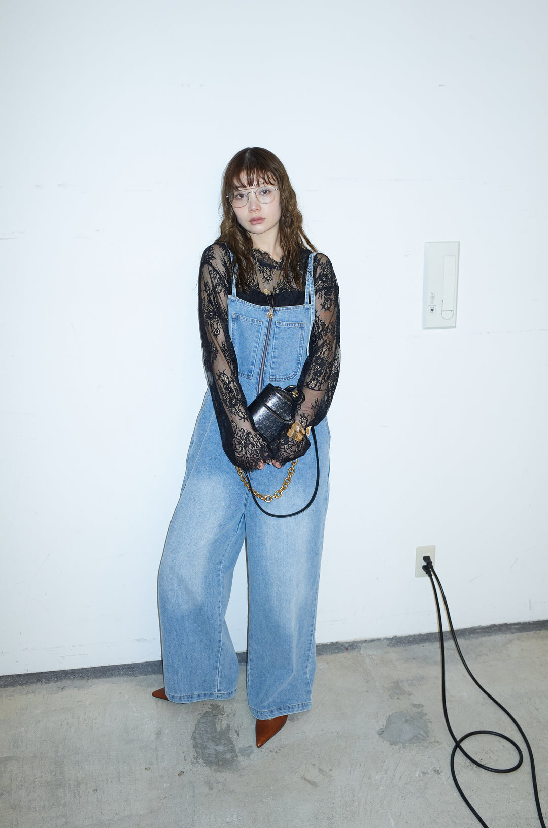 [予約/SET]シアーレースブラウス+フロントジップストラップデザインデニムサロペット(2set)