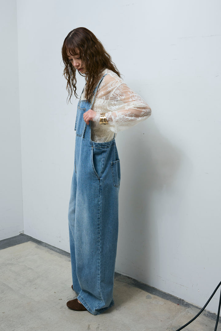 [予約/SET]シアーレースブラウス+フロントジップストラップデザインデニムサロペット(2set)